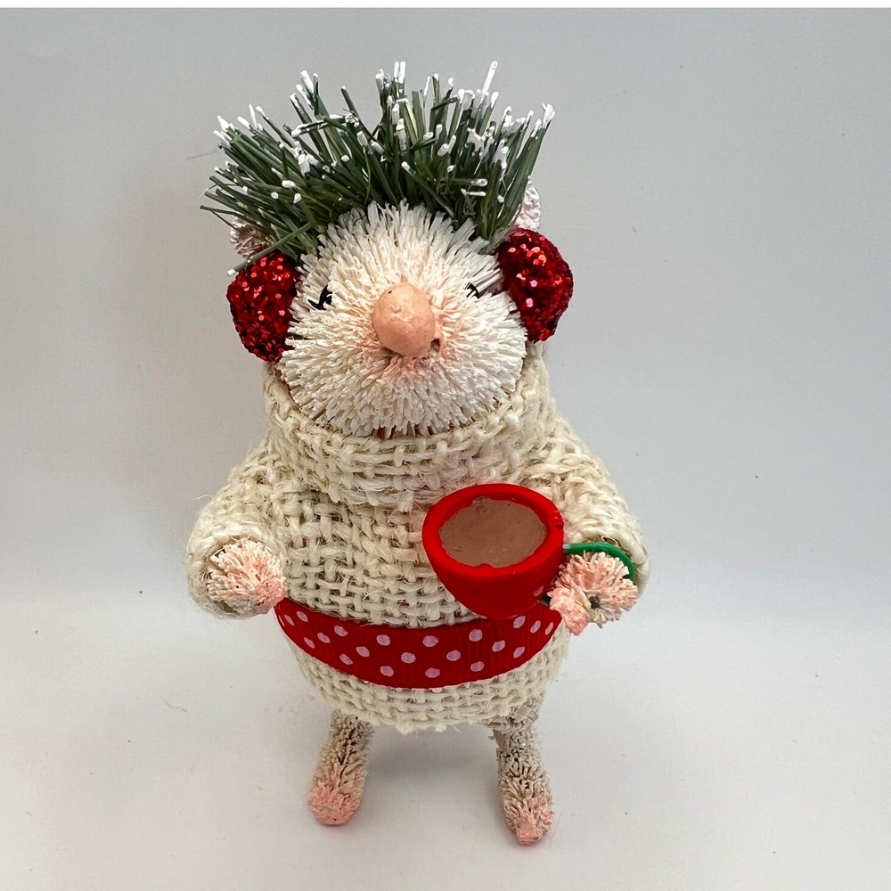 White Christmas Mouse Ornament Mixed Media Coffee Cup Earmuffs 4.25 inches